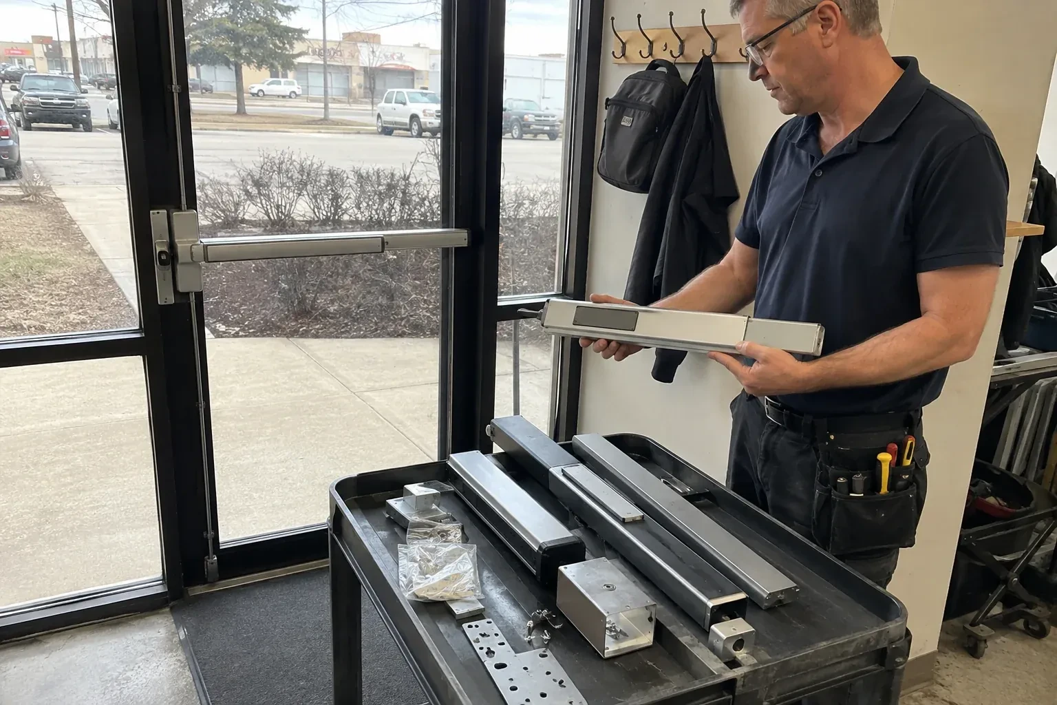 Person holding a long metal door-hardware assembly beside a cart of similar parts and a glass door fitted with a push bar. — Panic & Exit Hardware, Mississauga