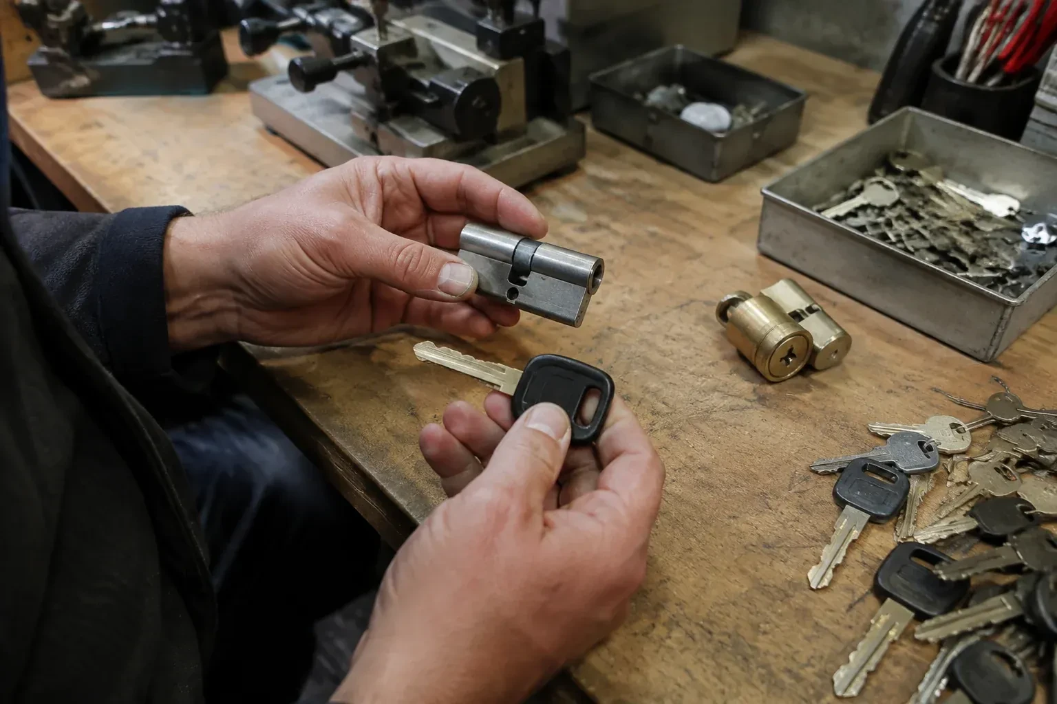 Hands holding a silver-colored lock cylinder and a black-headed key above a workbench with loose keys and another cylinder. — Spare Car Key Duplication, Mississauga