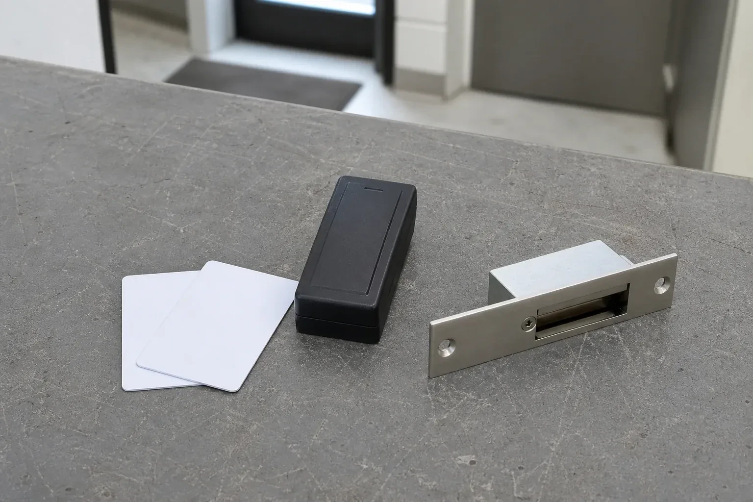 Detached card reader, two plain cards and an electric-strike component on a service bench. — Access Control Installation, Mississauga