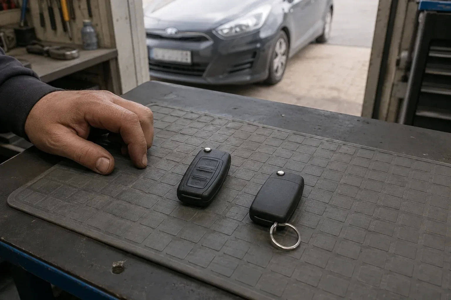 Two vehicle remote fobs on a work mat beside a technician’s hand, with a parked car beyond. — Key Fob Programming, Mississauga