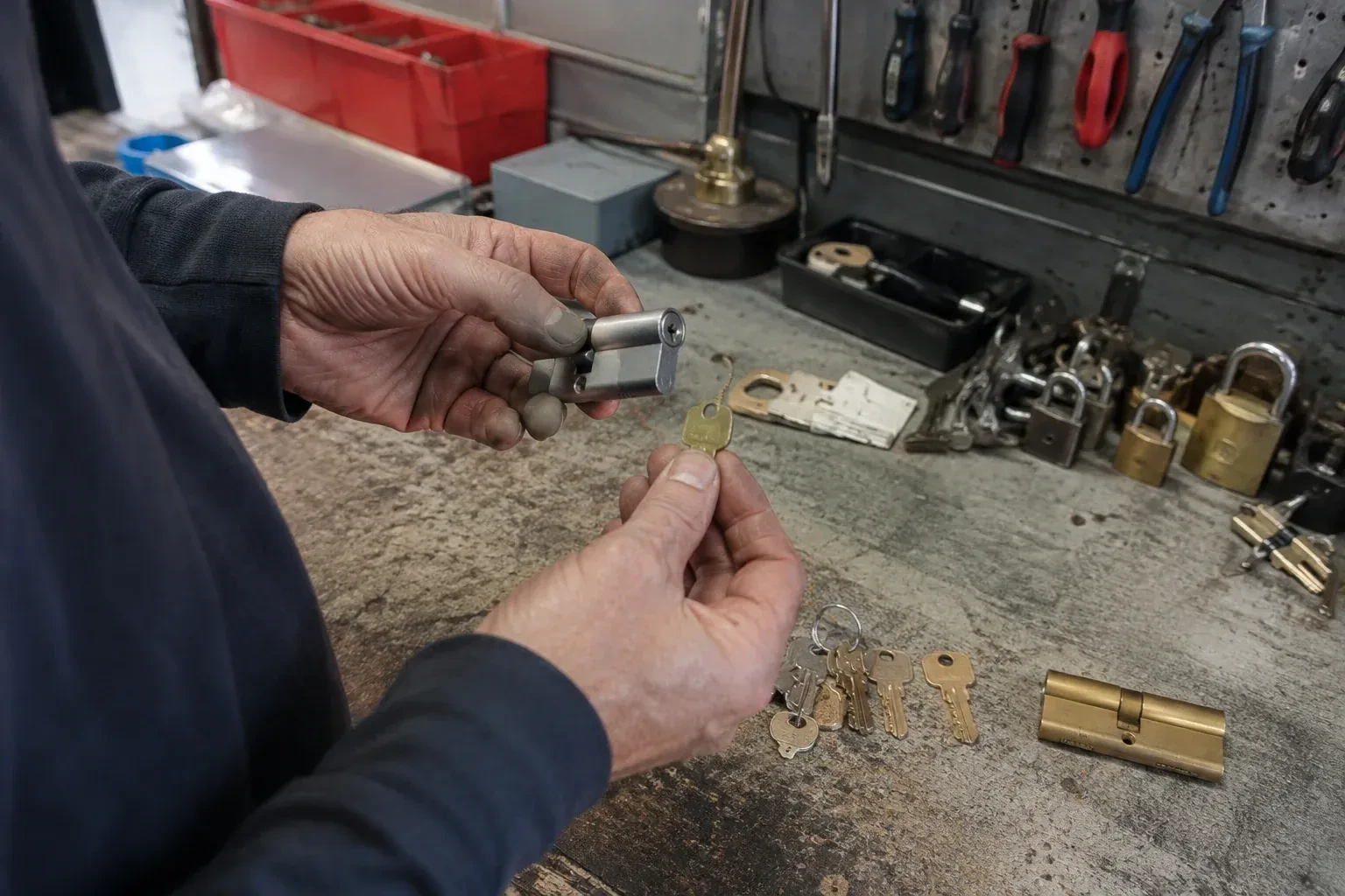 Hands holding a silver-colored lock cylinder and a brass-colored key above a workbench with padlocks, keys and tools. — Master Key System Design, Mississauga