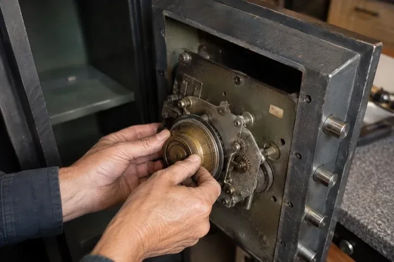 Hands holding a round metal component against the exposed mechanism inside an open safe door. — Safe Opening & Combination Change, Mississauga