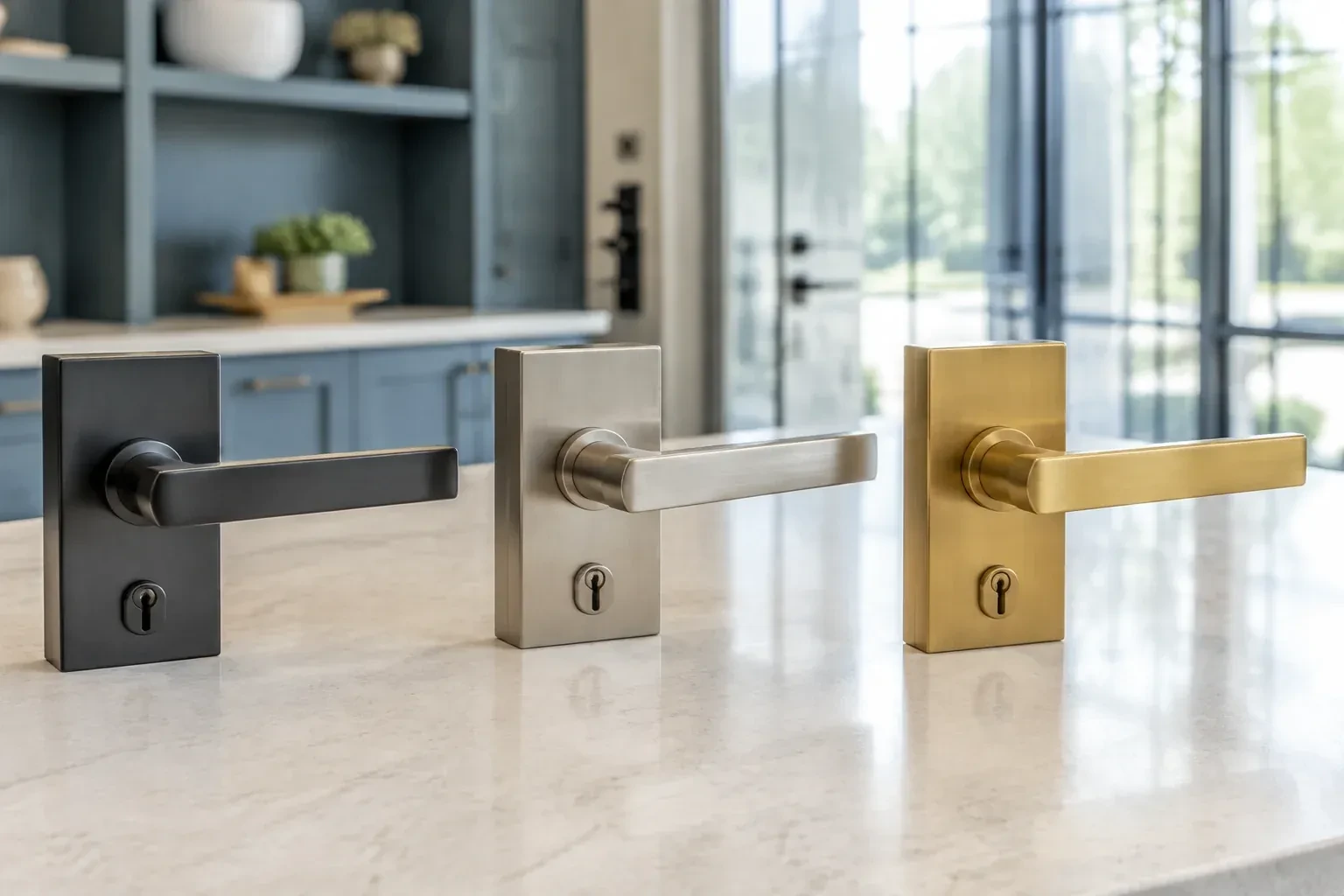 Three rectangular door-handle sets with keyholes in black, silver-colored and gold-colored finishes standing on a countertop. — Commercial Rekeying, Mississauga