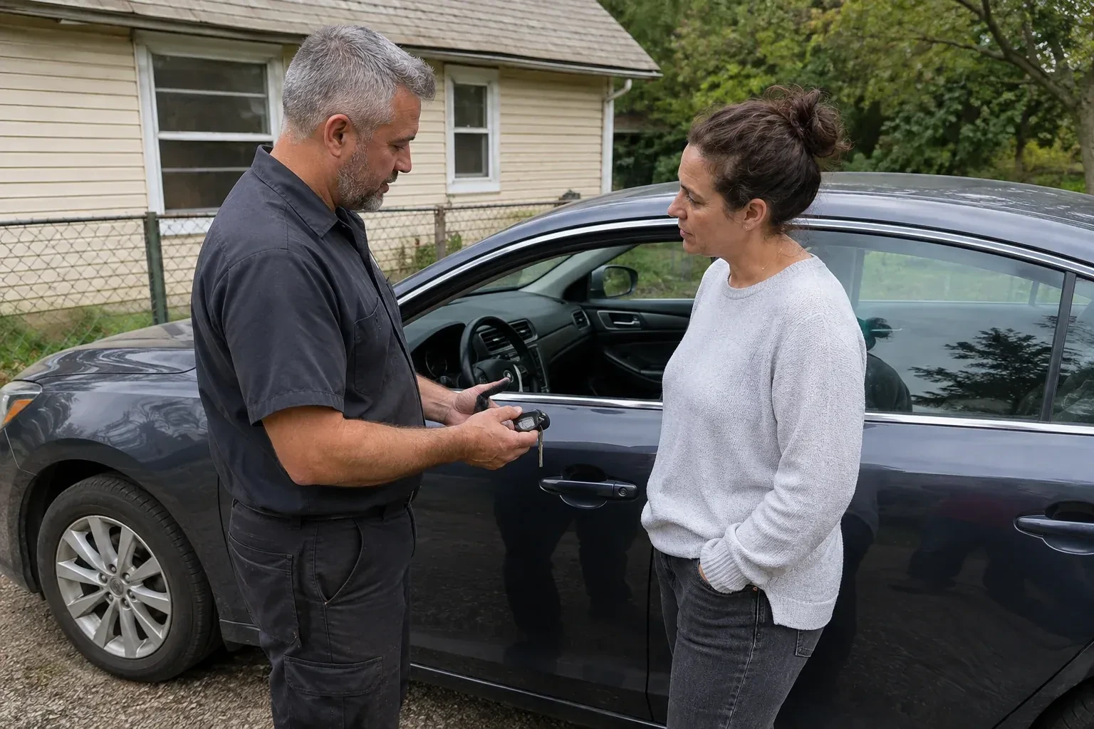 Two people standing beside a car with its window lowered, one holding a key and black key fob. — Ignition Lock Repair, Mississauga